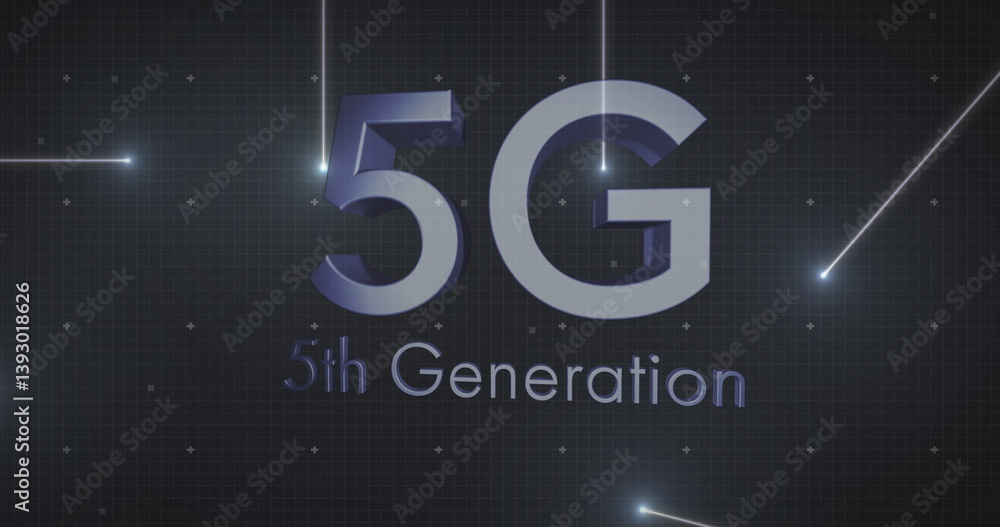 Poster 5g text and multiple light trails against grid network on black background