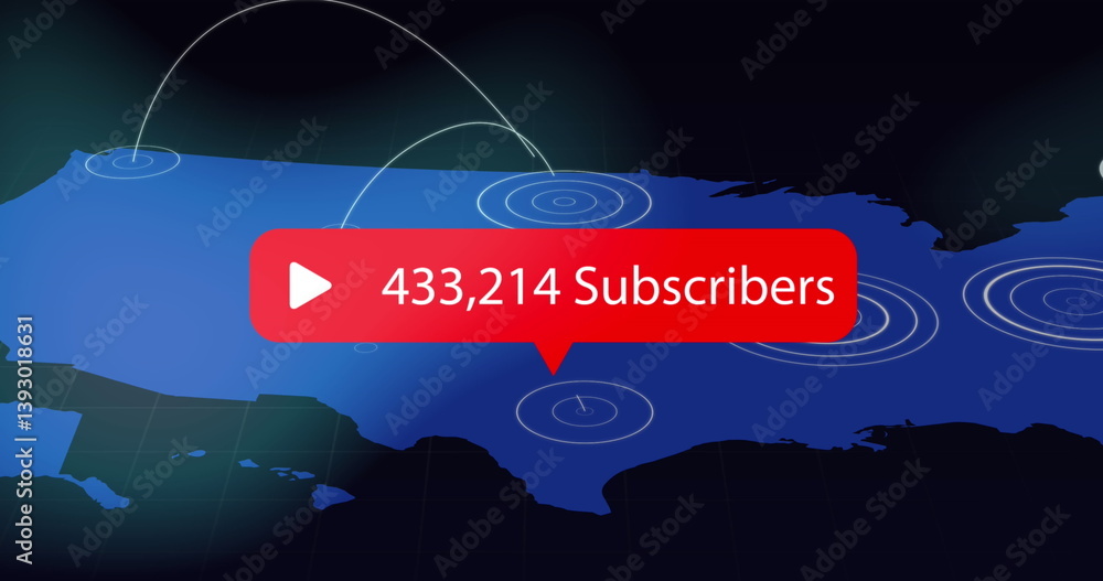 Poster speech bubble with play icon and increasing subscribers against pulsating circles over world map
