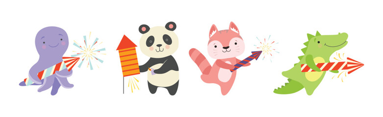 Cute Animal with Fireworks Enjoying Holiday Celebration Vector Set