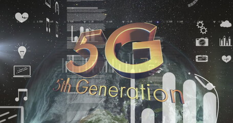 5g text and multiple digital icons floating against spinning globe on black background