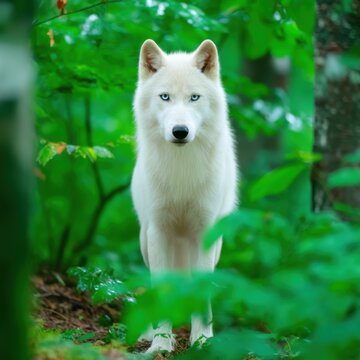 Majestic Dire Wolf Staring Intently Amidst Lush Green Forest