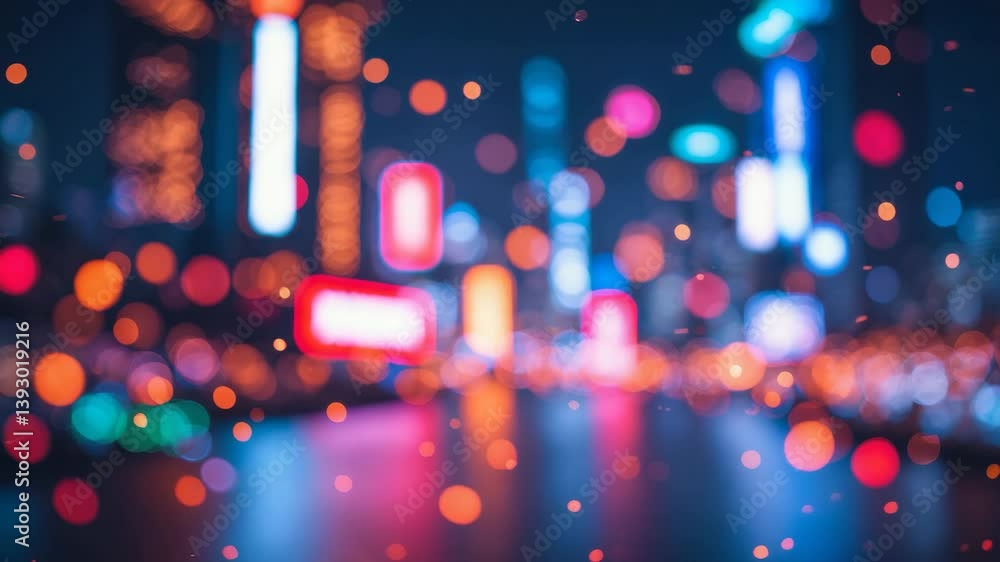 Poster out-of-focus bokeh backdrop showcasing colorful lights with a blurred structure and skyscraper.
