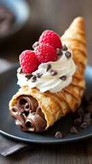 chocolate cannoli filled with chocolate cream or custard cream. AI generative.