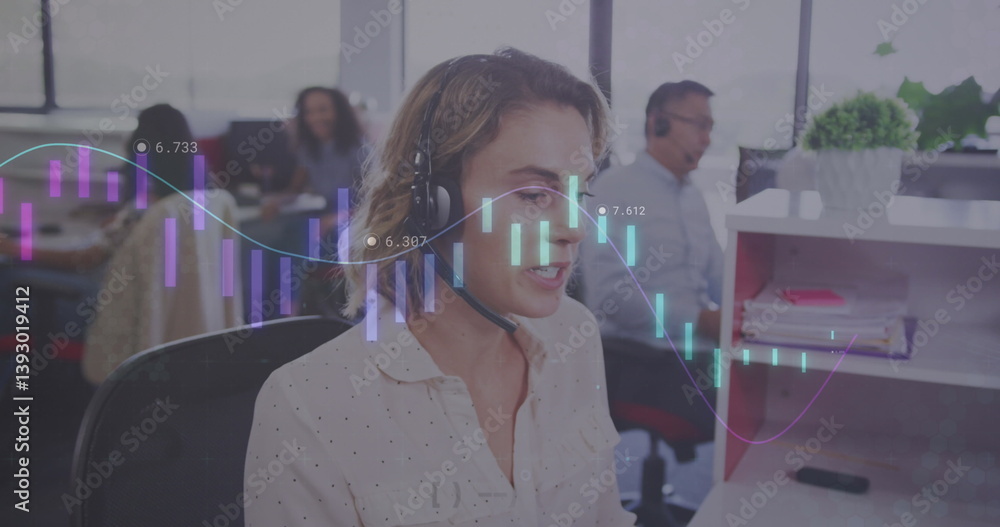 Poster image of interface with graphs and data with businesswoman and colleagues in working in office