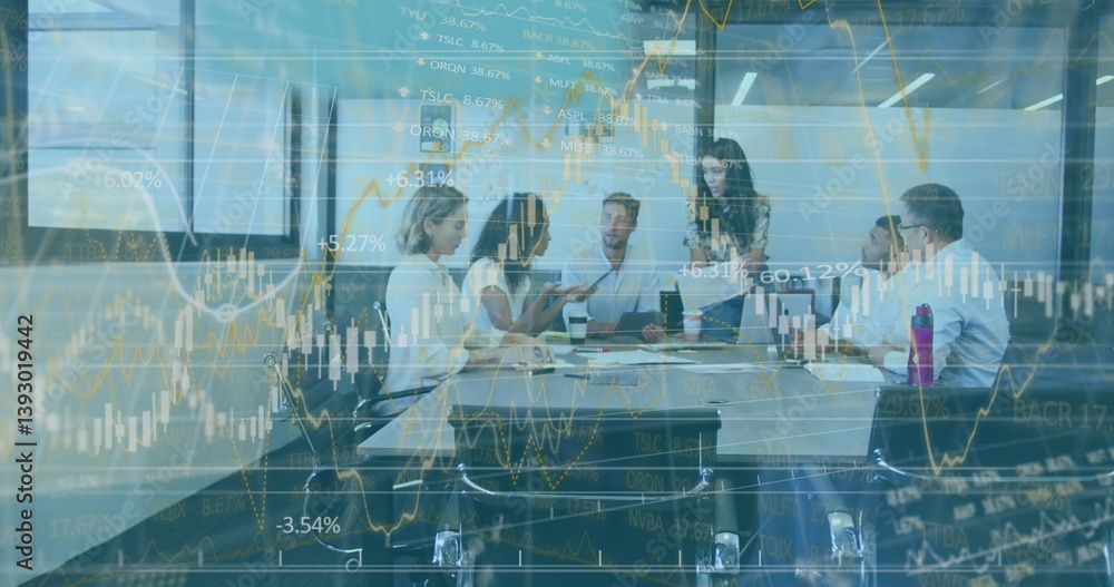 Poster image of interface with graphs and data with business colleagues in office meeting