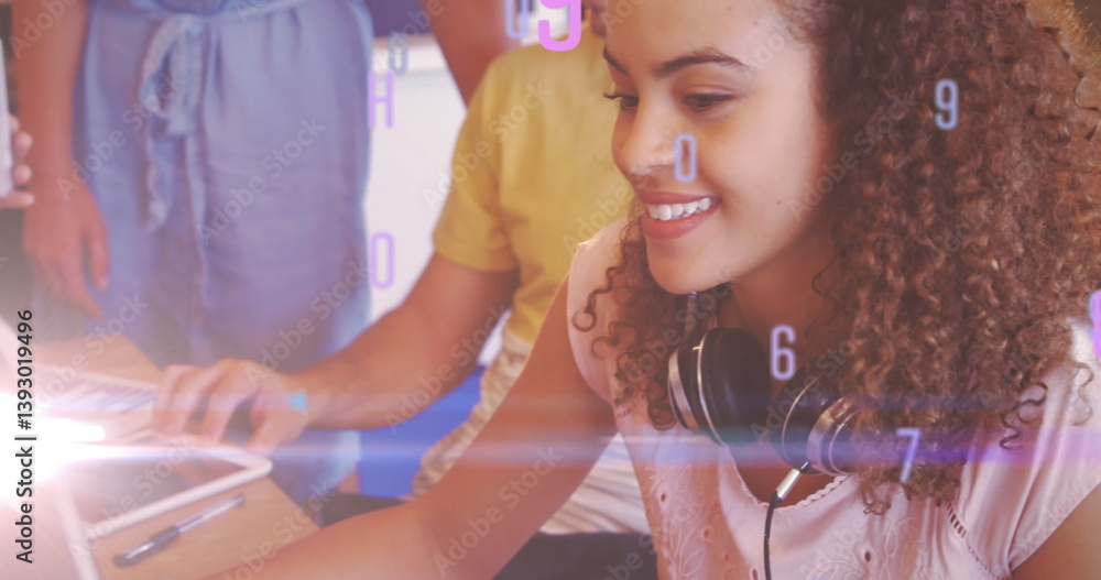 Poster image of numbers letters and changing over students using computers