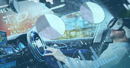 Image of information displays with man in vr headset using self driving car