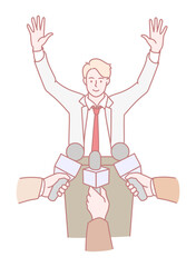 A spirited and confident speaker actively engages with reporters, raising hands in enthusiasm during a press event
