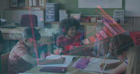 Image of statistics and graphs over group of kids sitting in a classroom writing