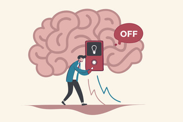 Turn on brain to think, creativity, thought or concentration, smart thinking or emotional intelligence, mindset, wisdom and knowledge concept, smart businessman genius turn on switch on his own brain.