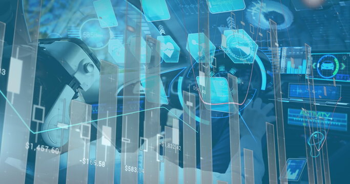 Image of information displays with man in vr headset using self driving car - Powered by Adobe