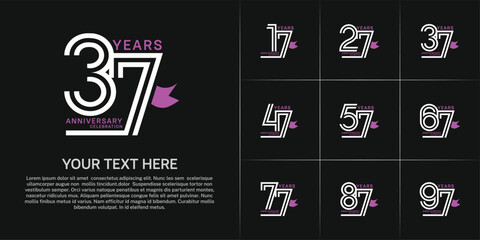 Anniversary logo style double line number set with ribbon. white color on black background for celebration event