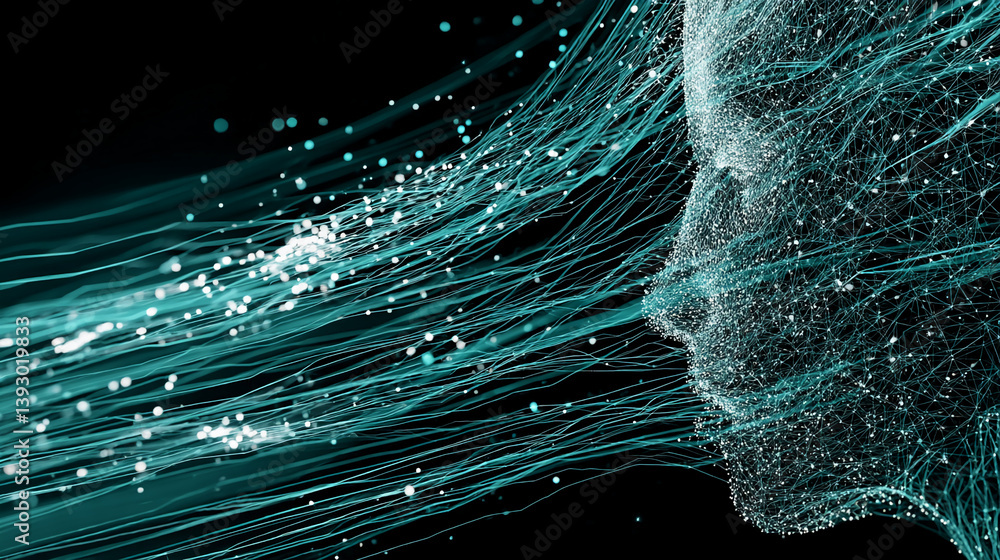 Poster abstract teal lines and particles forming a face profile, flowing in a dynamic motion against a blac