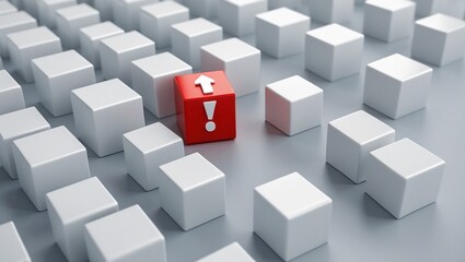 Obraz premium A line of white cubes with upward arrows is interrupted by a single red cube displaying exclamation marks