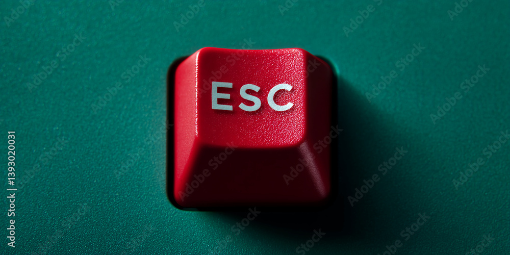 Poster close-up of red keyboard escape key on teal background, showcasing simple design and functionality, 