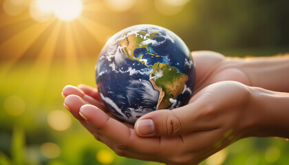 Hands lifting Earth globe at sunrise, symbol of environmental care