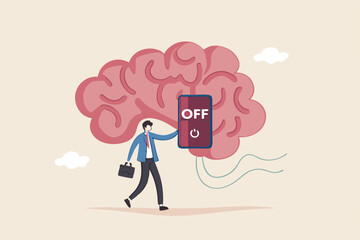 Turn on brain to think, creativity, thought or concentration, smart thinking or emotional intelligence, mindset, wisdom and knowledge concept, smart businessman genius turn on switch on his own brain.