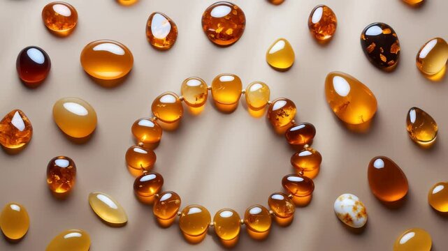 Polished orange gemstones border, amber stones, natural gems, golden fossilized tree resin crystals, sparkling cabochon collection, succinite on a brown background.