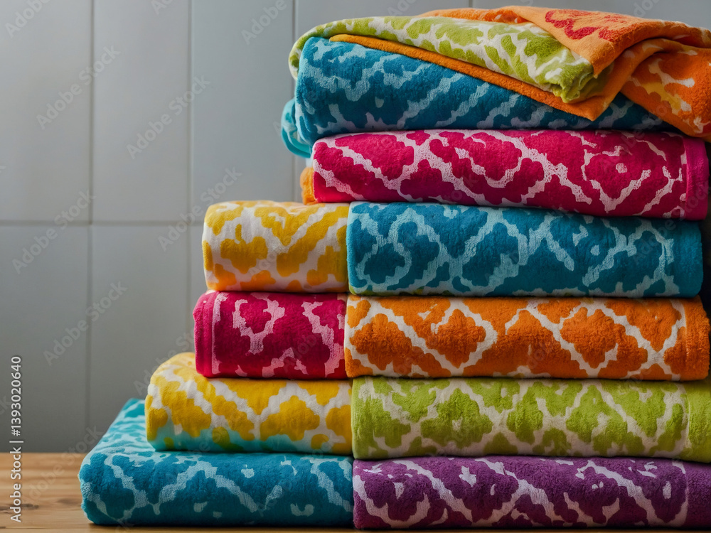 Poster colorful stacked towels in various bright patterns, adding a fresh and vibrant touch to any space.