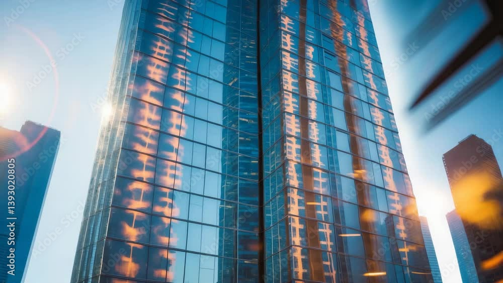 Poster an abstract representation of a skyscraper showcasing a window grid pattern, with blurred light refl
