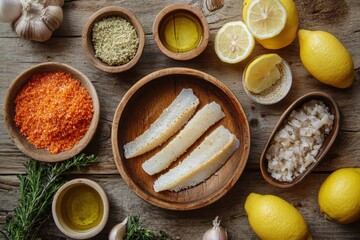 Wooden table arranged with Bottarga di Muggine, dried mullet roe, wooden bowls, salt, lemon slices, garlic, rosemary, olive oil. Concept of Bottarga di Muggine and rustic dining experience.