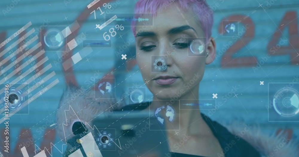 Poster statistical data processing and round scanners against woman using smartphone