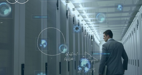 Mathematical equations and round scanners against man walking in computer server room