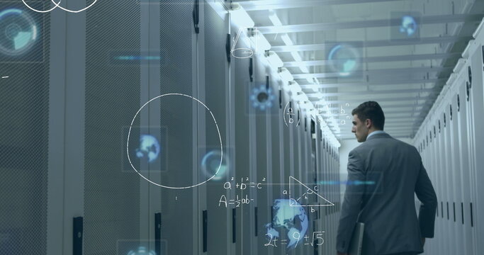 Mathematical equations and round scanners against man walking in computer server room