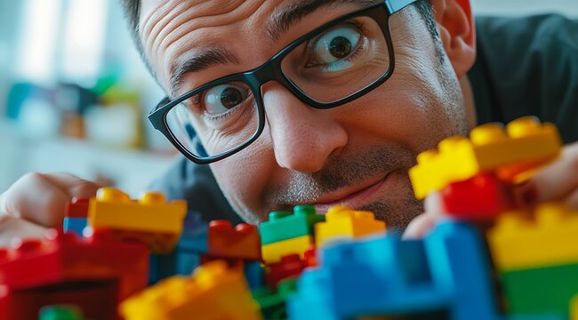Excited man playing with colorful building blocks eyes wide with playful concentration and amusement.