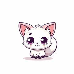 Adorable cartoon cat with large eyes fluffy white fur pink ears set on minimal white background cute kawaii style