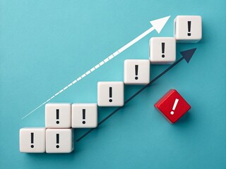 A line of white cubes with upward arrows is interrupted by a single red cube displaying exclamation marks