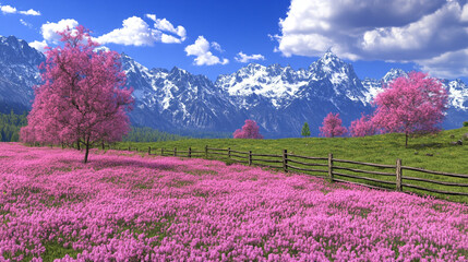 Vibrant spring landscape featuring blooming pink flowers, lush greenery, and majestic mountains