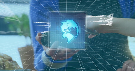 Image of globe, scope scanning and data processing over woman paying with smartphone