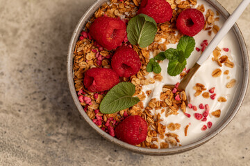 yogurt with granola, oatmeal, raspberries, mint, breakfast, Easter