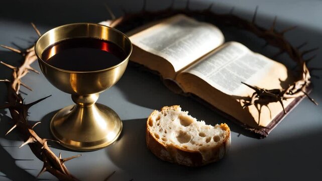 Wine and bread cup placed in front of a backdrop