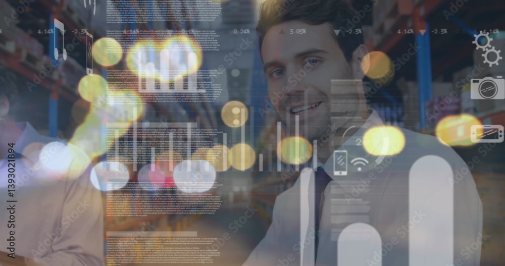 Poster image of data processing over businessman using tablet in warehouse shipping centre