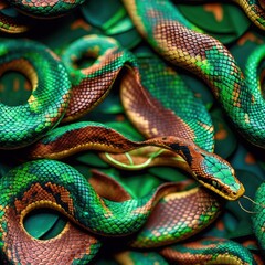 Fototapeta premium Green Brown Snakes Seamless Pattern Background. Reptile texture, repeating nature theme. Animal skin design, serpent abstract wallpaper.