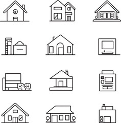 Real estate line icons black and white outline 