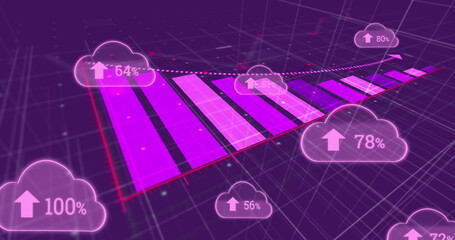 Image of statistics recording and digital clouds with percent growing on purple background