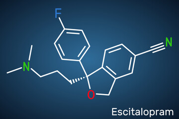 Escitalopram, S -citalopram molecule. Antidepressant medication of the selective serotonin reuptake inhibitor SSRI. Dark blue background
