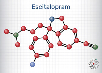 Escitalopram, S -citalopram molecule. Antidepressant medication of the selective serotonin reuptake inhibitor SSRI. Sheet of paper in a cage