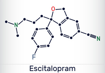 Escitalopram, S -citalopram molecule. Antidepressant medication of the selective serotonin reuptake inhibitor SSRI. Vector scientific illustration