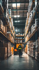 A worker walks through the aisles of a large warehouse