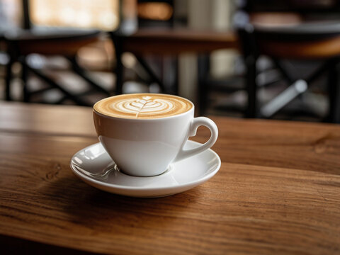 close up shot of a latte with foam art on top, served in a white ceramic cup, placed on a rustic wooden table