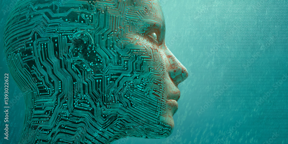 Poster profile view of a face, its surface resembling a circuit board, set against a background of binary c
