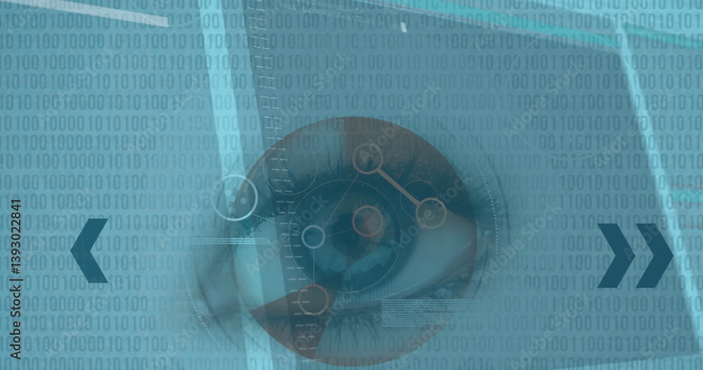 Poster image of interface with scope scanning woman's eye and fast scrolling digital information