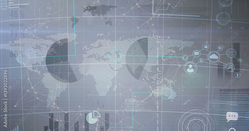 Poster image of digital icons and data processing over world map on grey background