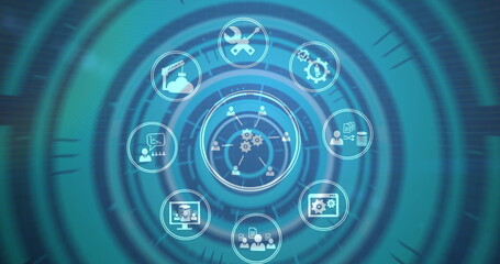 Image of interface with turning cogs, people and business icons on blurred blue background