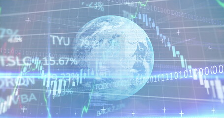 Fototapeta premium Image of glowing interface with turning globe, data and information moving on dark background