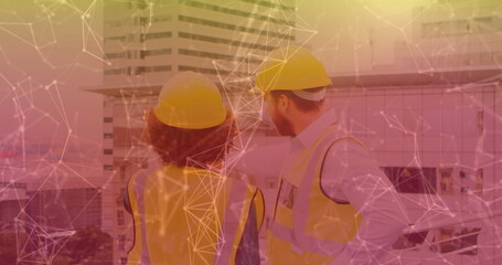 Image of network of connections over male and female architects working together